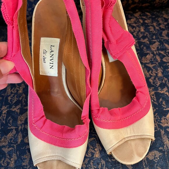 LANVIN Eté 2009 Beige and Pink Canvas Slingback Peep Toe Sandals Size 37.5 - Picture 2 of 15